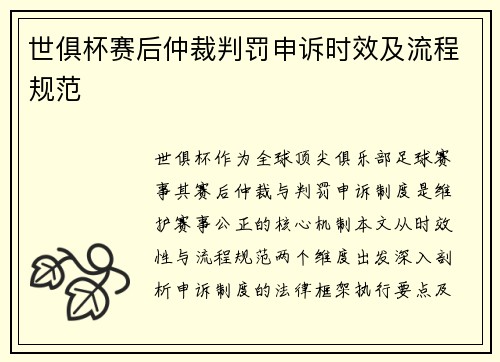 世俱杯赛后仲裁判罚申诉时效及流程规范